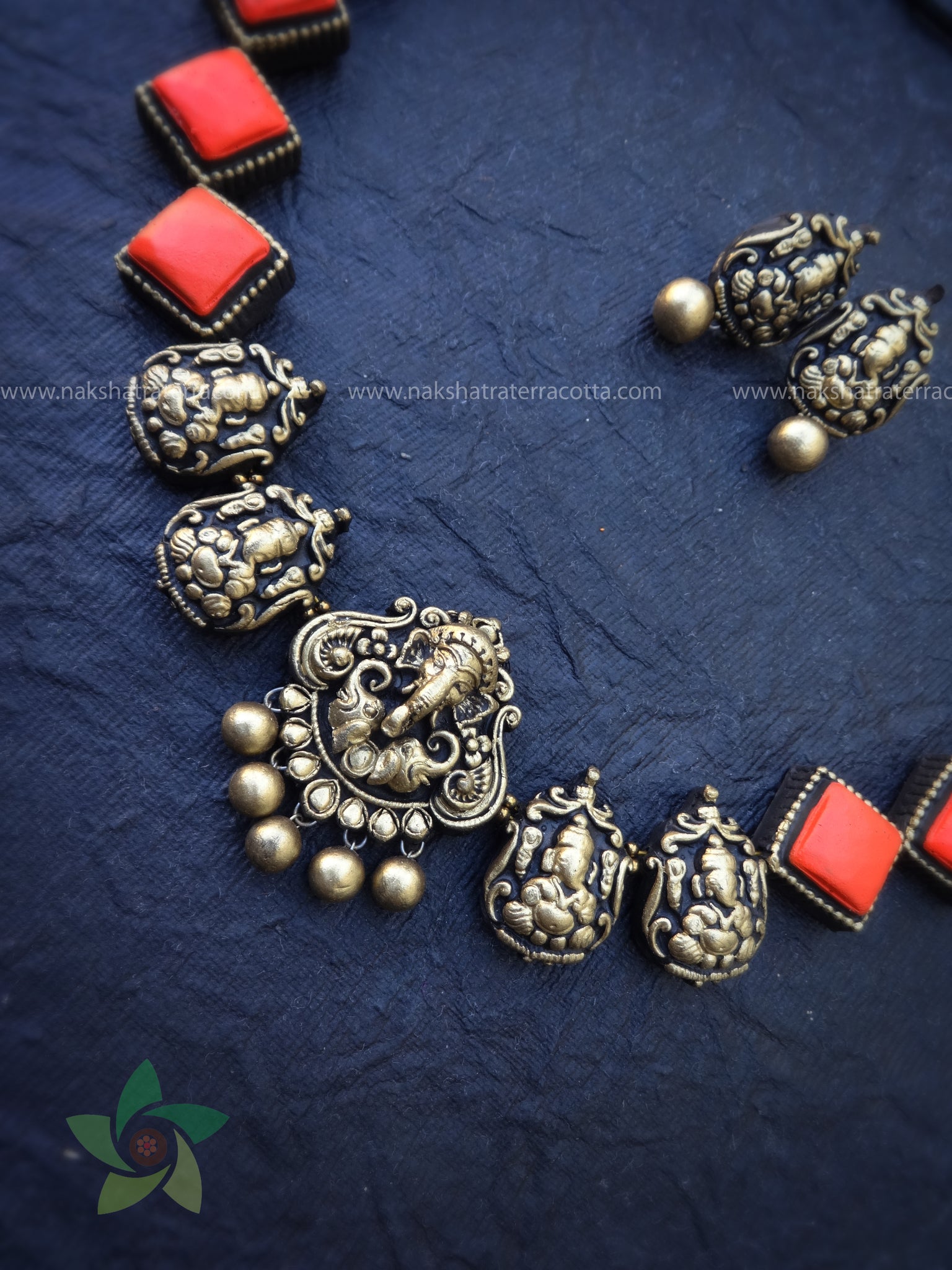 Orange Diamond Ganesh Terracotta Necklace