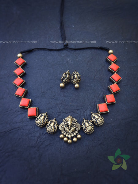 Orange Diamond Ganesh Terracotta Necklace