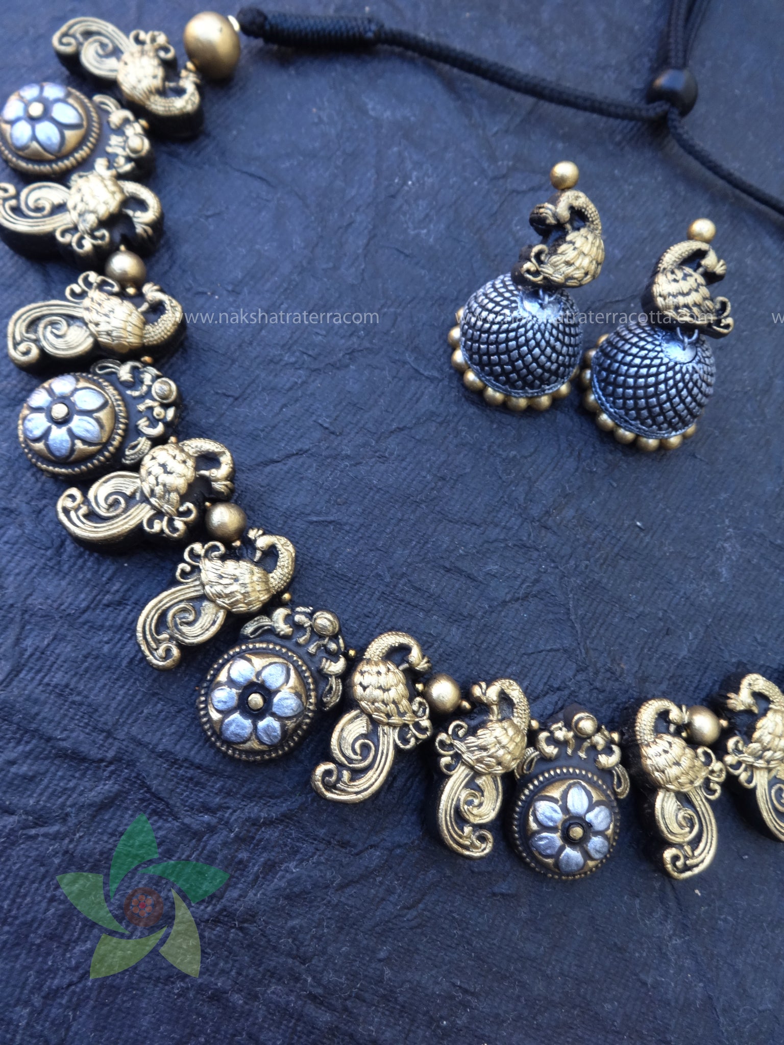 Silver gold peocock terracotta jewellery set