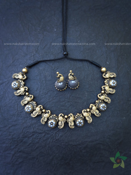 Silver gold peocock terracotta jewellery set