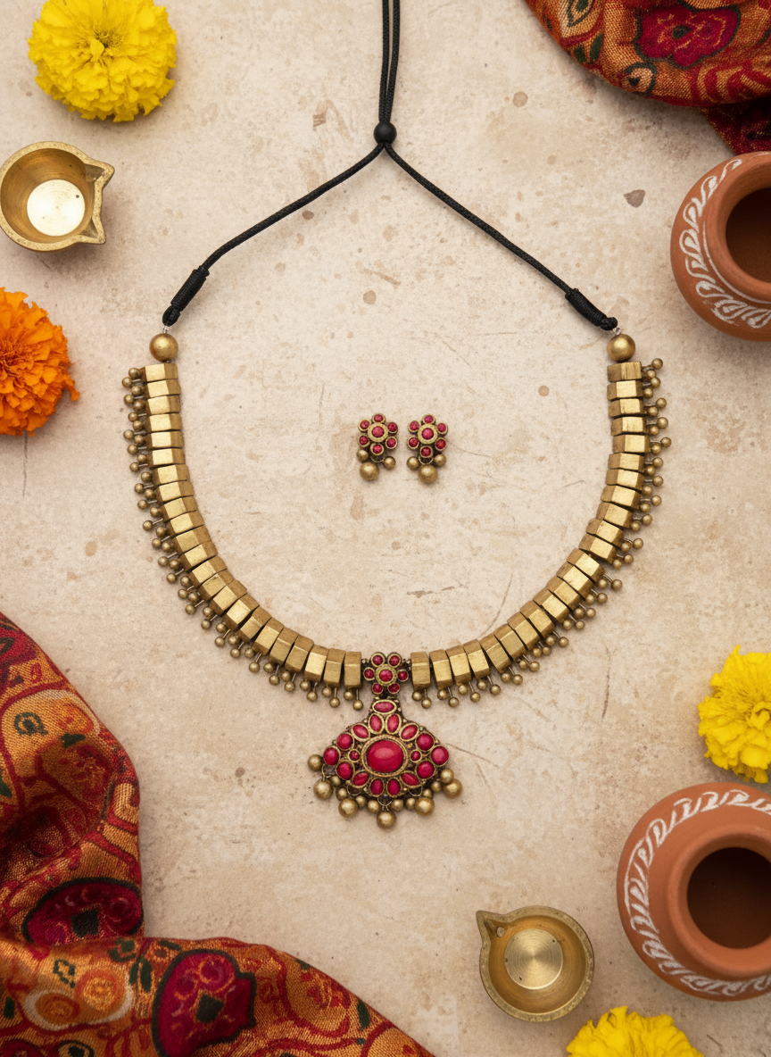 Devika- golden terracotto necklace set