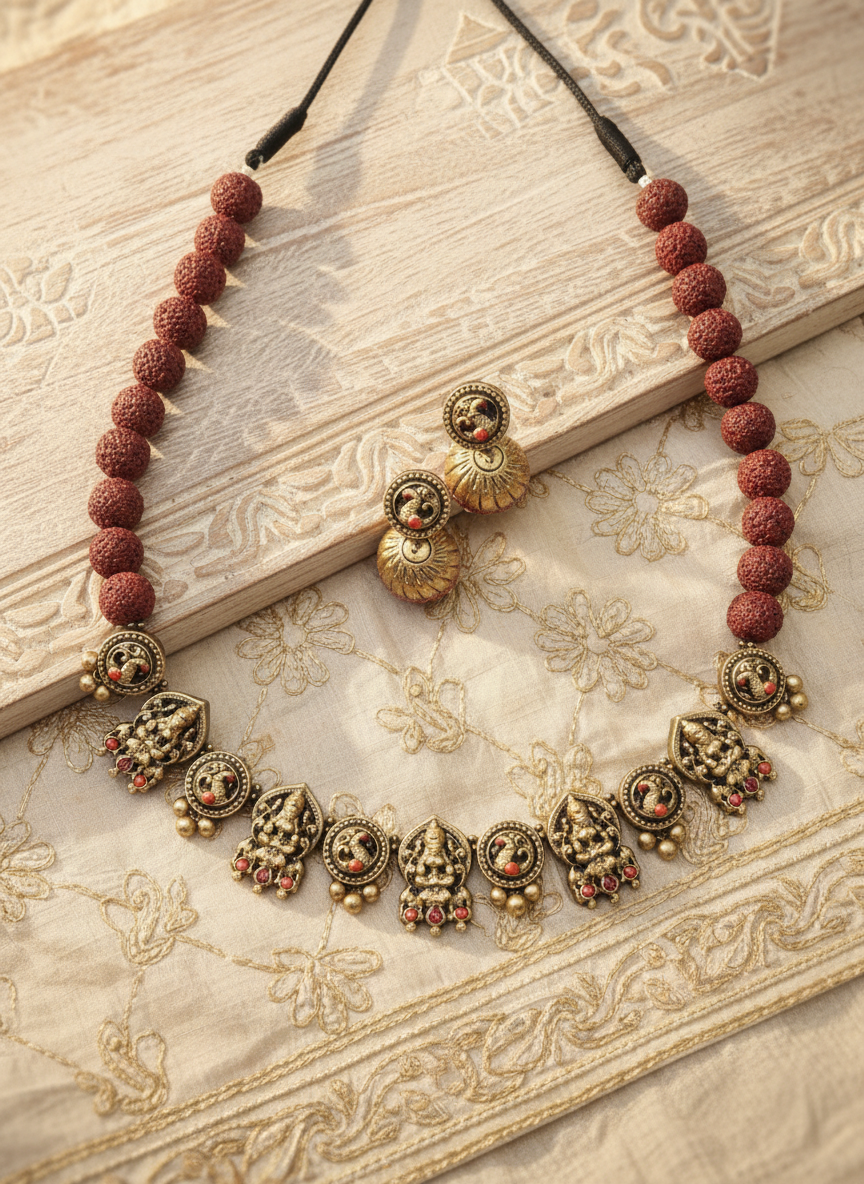 Necklace and earrings set with maroon beads and gold accents on a dark surface