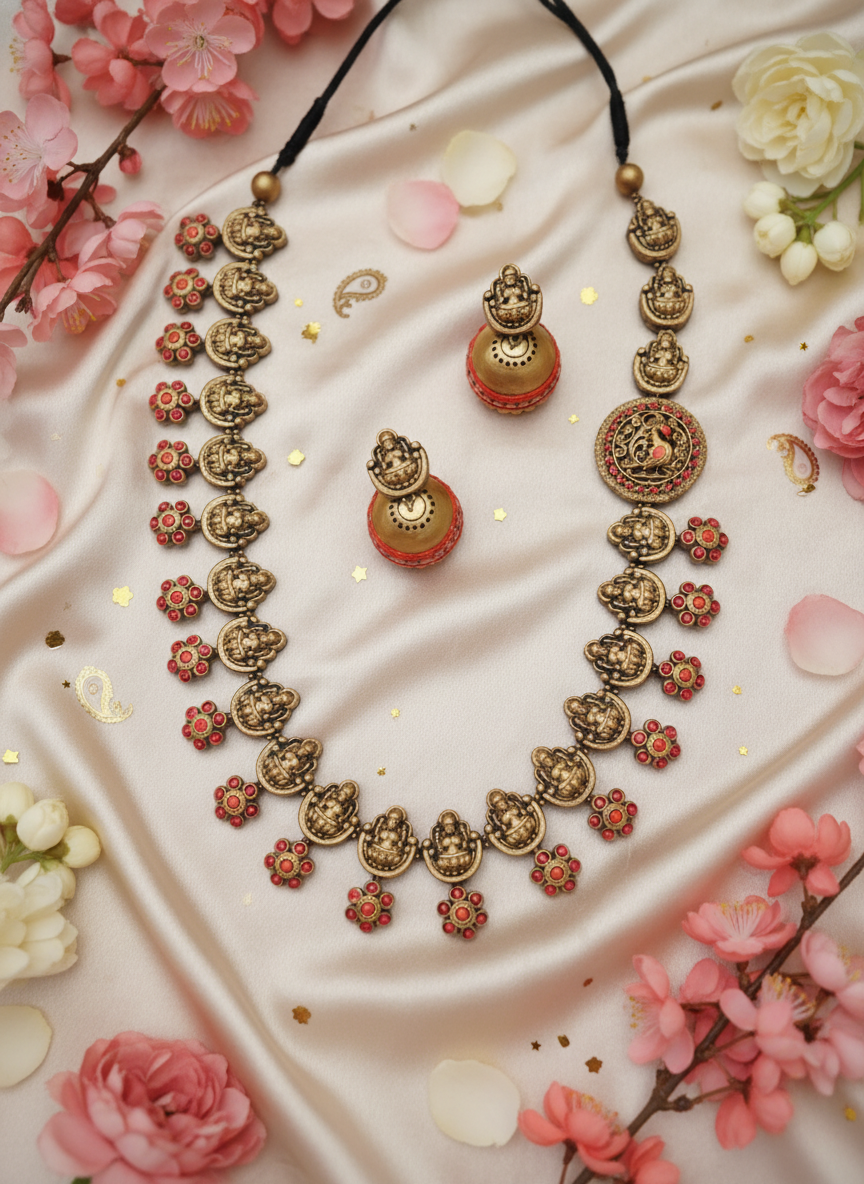 Ornate necklace and earrings on a dark background