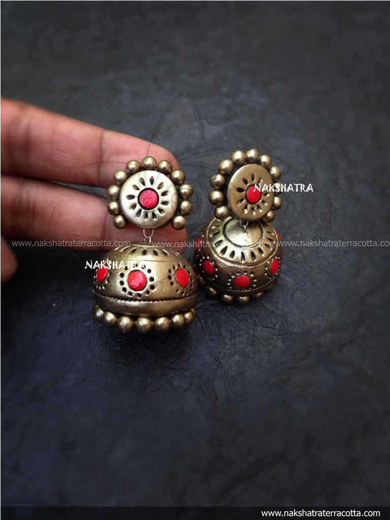 Gold and red dot jhumkas