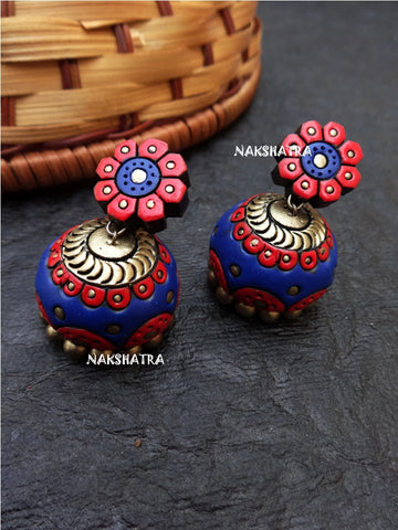 Terracotta Jhumkas Blue Flowery